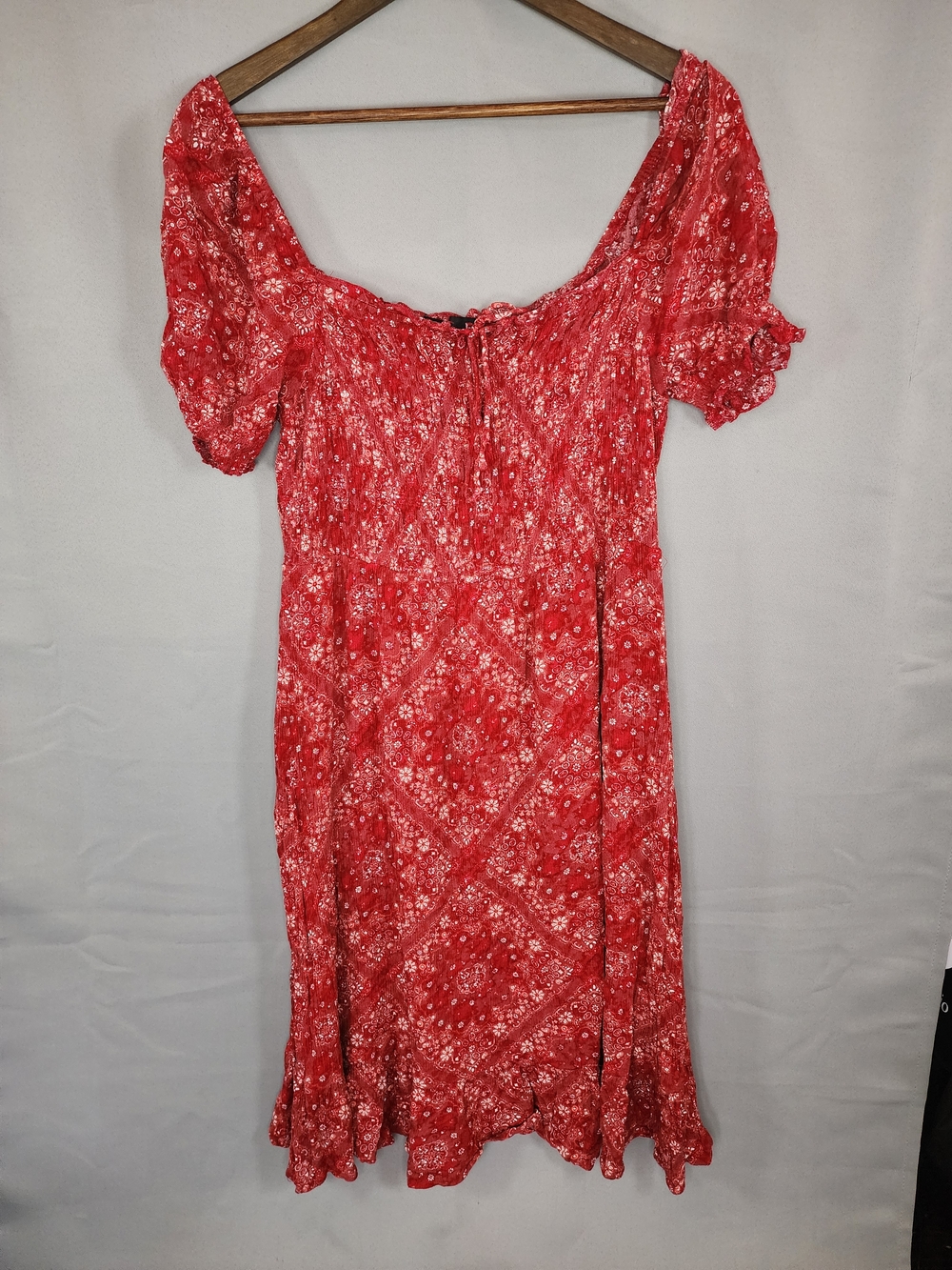 Crimson Red Floral Square-Neck Midi Dress with Puff Sleeves